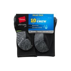 NWT 10 Count Hanes Boys Ultimate Performance Crew Socks Black 9-2.5 Medium New